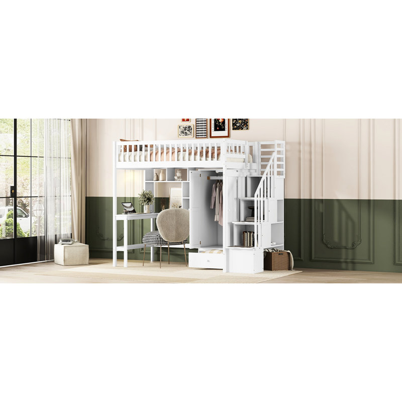 Lit mezzanine simple blanc avec bibliothèque, tiroirs, bureau et garde-robe. Conception fiable de la hanche, Blanc
