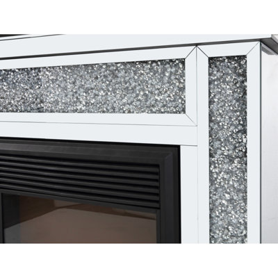 Foyer électrique argenté, 47 po de longueur x 12 po de largeur, 40 po de hauteur, avec incrustations en résine de diamant, flamme à très haute intensité, chauffage réglable 750 W / 1 500 W, coffre-fort argent 750 W / 1 500 W, incrustations et DEL