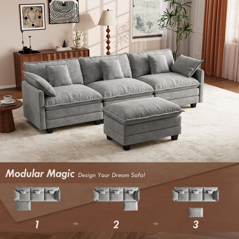 Canapé modulaire en L en chenille de 111,5 po avec repose-pieds George, Gris chenille