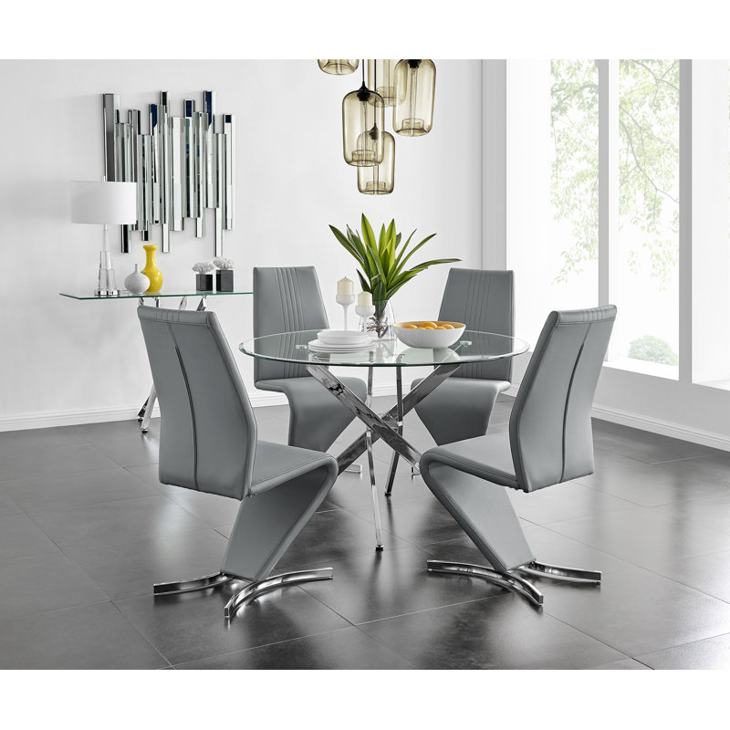 Tierra Sleek Metal and Glass Round Dining Table Set with 4 Faux Leather Upholstered Dining Chairs, Elephant Gray