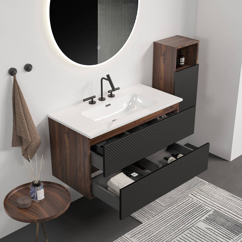 Meuble-lavabo mural 36 po avec lavabo intégré en céramique à 3 trous, avec trop-plein, grand meuble-lavabo flottant avec rangement pour salle de bain moderne, KD