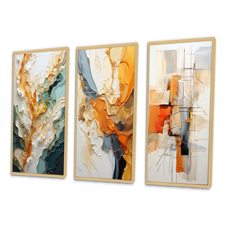 Orange White Line Art Abstraction on Canvas, 28" H x 36" W, Natural Floater Framed