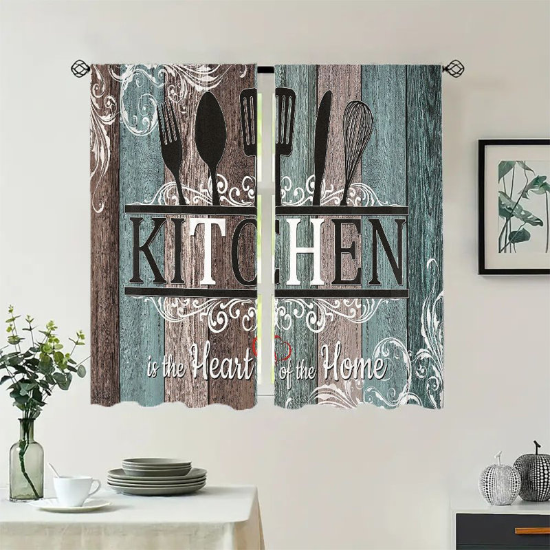 2Pcs Rustic Wooden Kitchen Curtains Rod Pocket Design - Farmhouse Retro Utensil Pattern with Decorative Scrollwork "Kitchen is the Heart of Home" Light Filtering Privacy Window Treatments for Dining Room Cafe