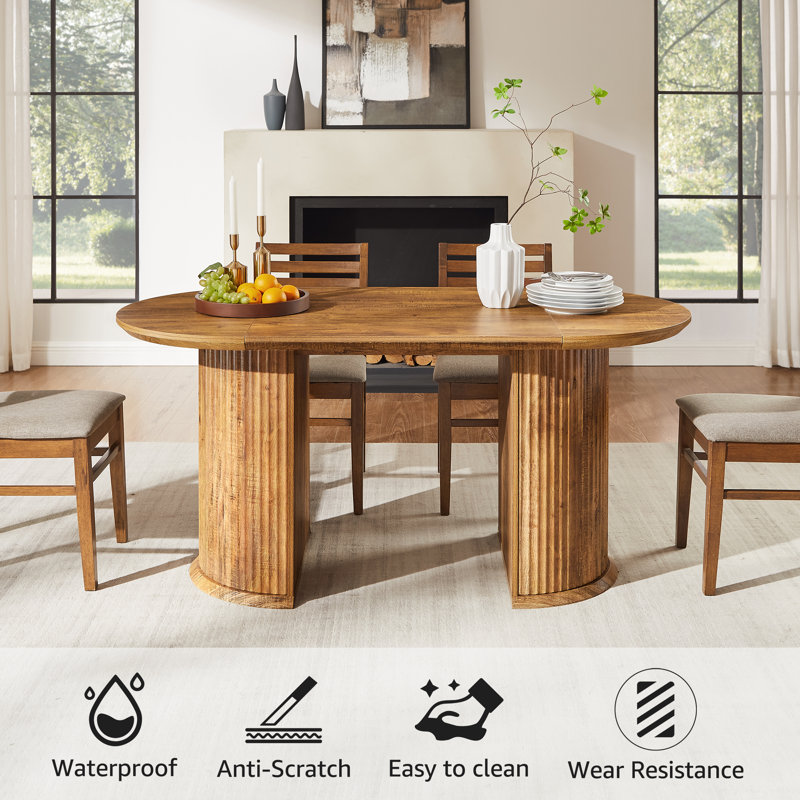 63" Fluted Oval Dining Table Double Pedestal Kitchen Table For 4-6 With Thickened Edge & Semi-Cylindrical Base