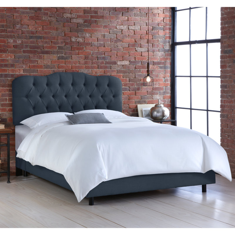 Lit tapissier capitonné Alencon, Double, Lin bleu marine classique