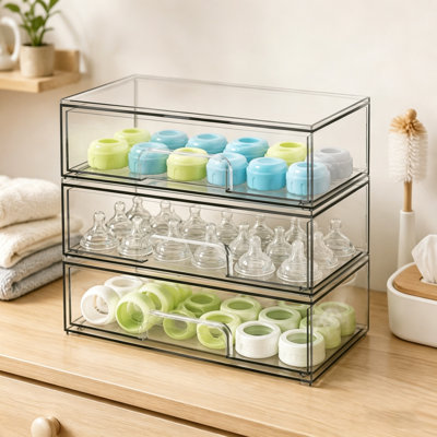 Ensemble de 3 boîtes de rangement pour biberons en acrylique, tiroir transparent empilable pour comptoir, meuble-lavabo, salle de bain, armoire et garde-manger, 3 L