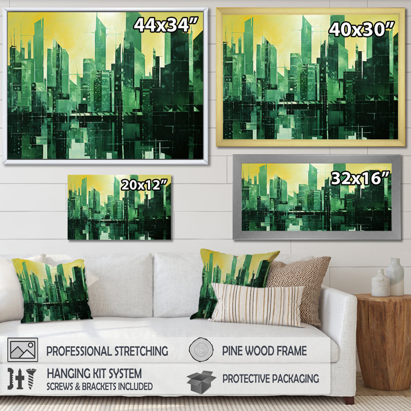 «Jade Juxtaposition Green Skyscraper Cityscape I», reproduction sur toile, Cadre flottant doré, H 24 po x l 32 po x P 1 po