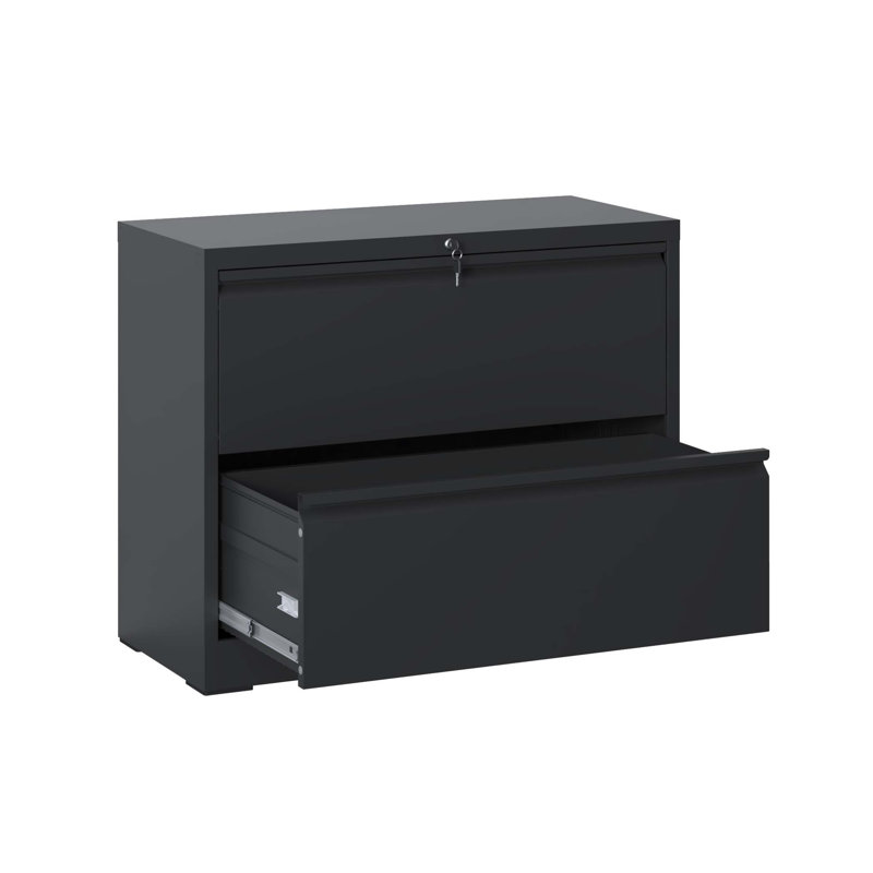 2-Drawer Lateral Metal File Cabinet with Lock, Black Wide Office Storage, Black