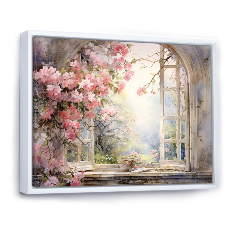 «Pink Blossoming Country Window Gaze I», reproduction d'art sur toile, H 16 po x l 32 po, Reproduction avec cadre flottant