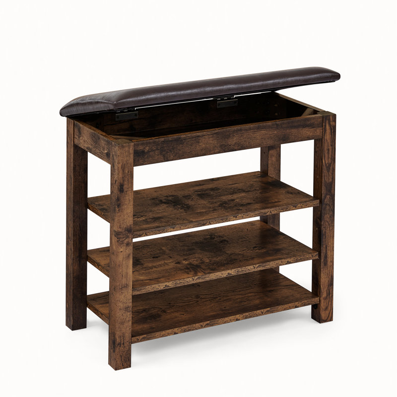 A height-adjustable shoe-changing bench made of high-quality wood, equipped with a comfortable seat and concealed storage space, featuring charcoal-grained wood ,Vintage