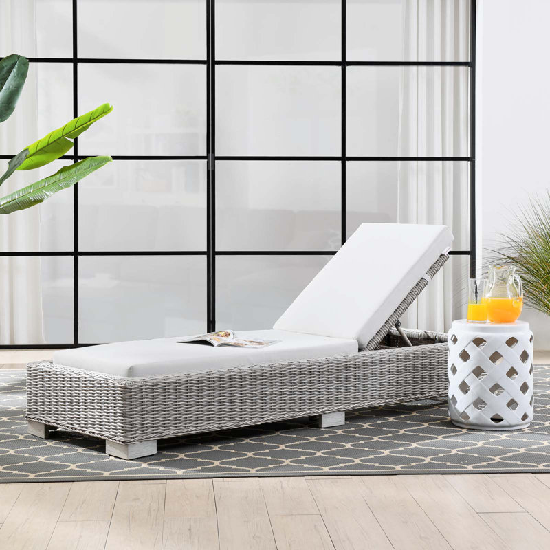 Light Gray Wicker Rattan Outdoor Chaise Lounge with Cushions