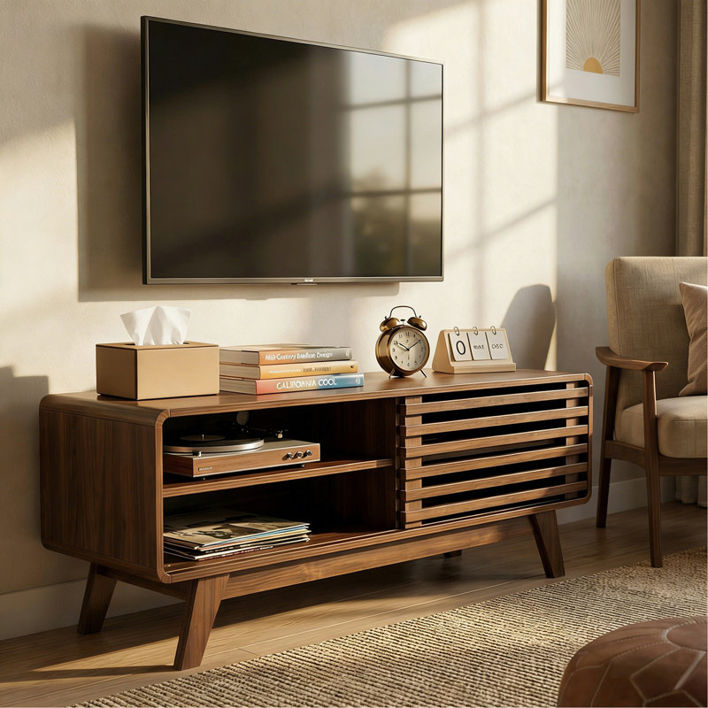 TV Stand With Storage, Entertainment Center With Slatted Sliding Door, Mid Century Modern TV Stand, Farmhouse Media Console For Living Room (Walnut, 46")