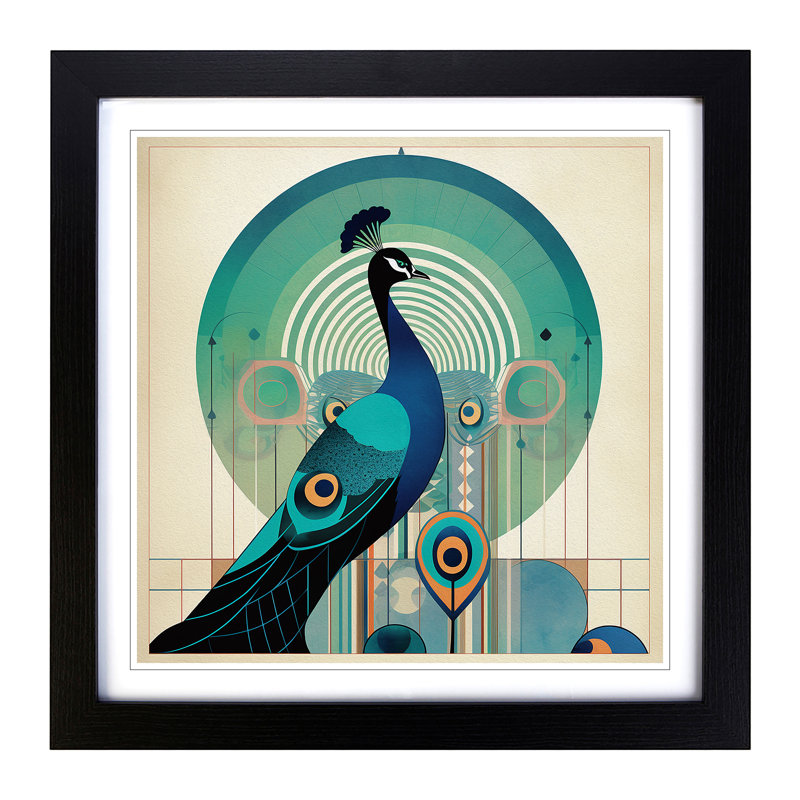 Peacock Bauhaus No.2 - Single Picture Frame Print on Wood, Black