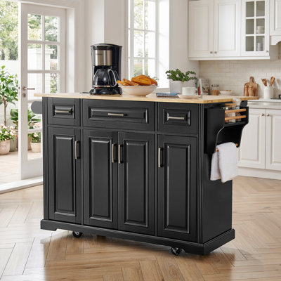 Kitchen Island Cart 47.2 Inches Width MDF and Rubber Wood 1 Piece Black Space-Saving Drop Leaf Design