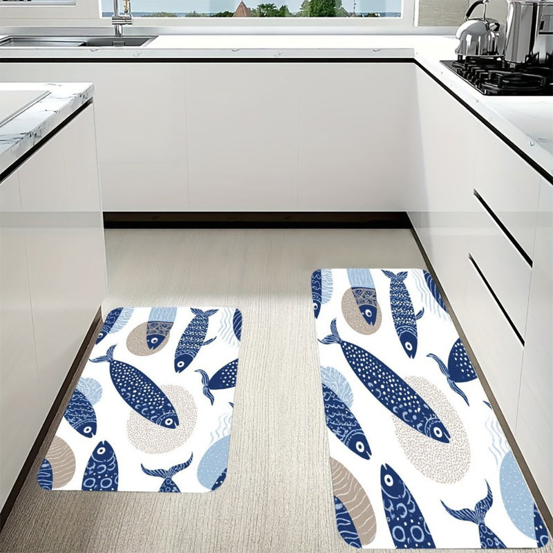 Navy Blue Fish Pattern, Kitchen Mats Set Of 2, Navy Animal Print