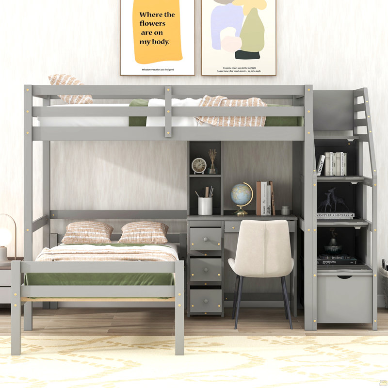 Lit mezzanine simple avec lit autonome, escalier de rangement, bureau, tablettes et tiroirs