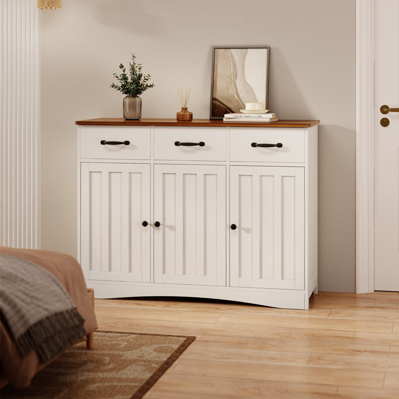 Michaila 42.5W Sideboard with Pantry Doors, Adjustable Shelves and Large Drawer, White/Retro
