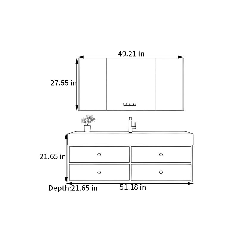 Middle ancient style intelligent bathroom cabinet, Burlywood, H 21,65 po x l 51,18 po x P 21,65 po