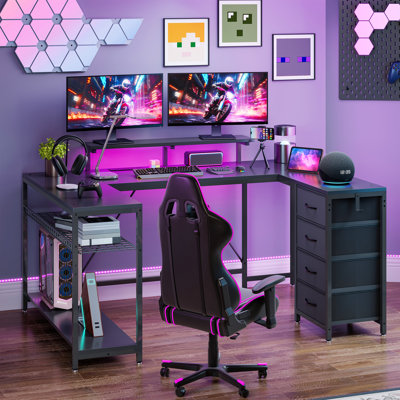  158×100 Cm Corner Desk With Drawers, L Shaped Computer Desk With LED Lights, U Shaped Gaming Table With Powers Outlets & PC Stand