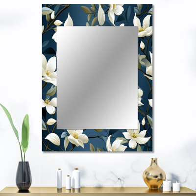 Chanthy - fleurs blanches et bleues - miroir mural floral unique, miroir floral, impression d'art en métal