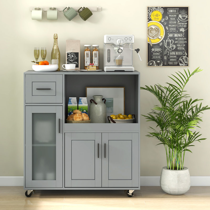 Rolling Kitchen Island with Wheels Kitchen Cart with Drawer and Glass Door Cabinet
