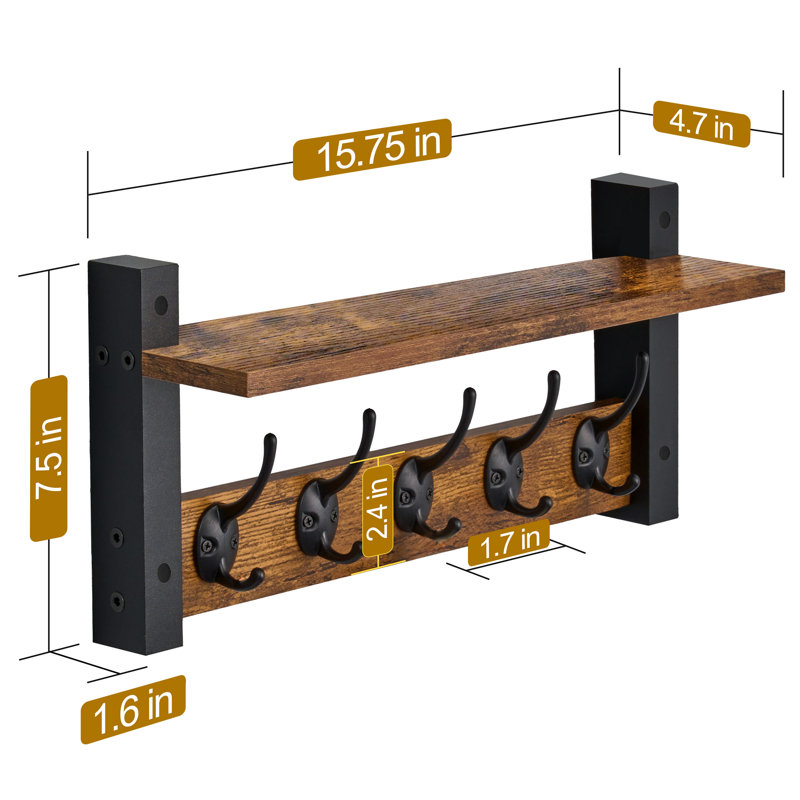 Sorbus Coat Hooks Wall Mount Floating Shelf 15.75 in W x 4.7 in D x 7.5 in H, Coat Rack with 5 Heavy Duty Hooks – Floating Wall Shelf with Hooks for Entryway, Bathroom, Bedroom, Kitchen, or Mudroom, Brown