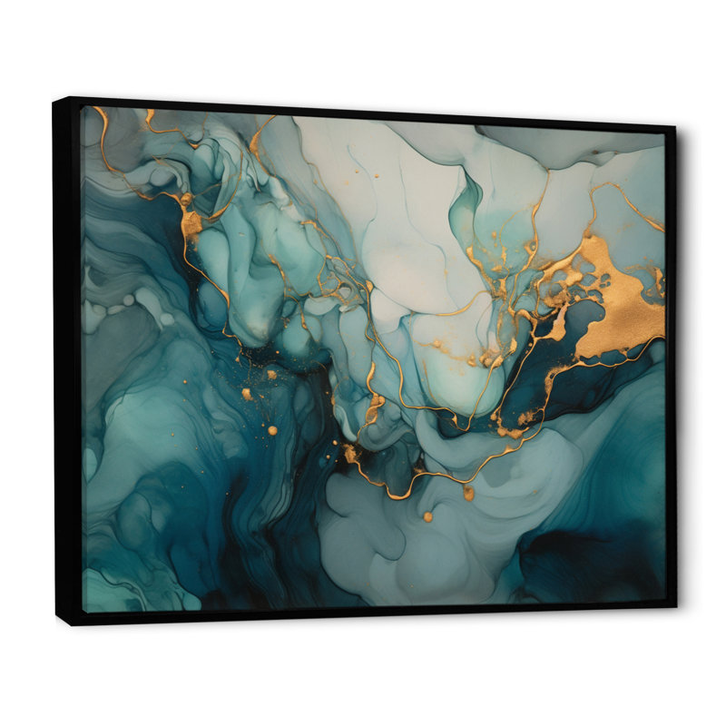 Turquoise doré infusé marbre I, reproduction d'art sur toile, H 30 po x l 40 po x P 1,5 po, Cadre flottant noir