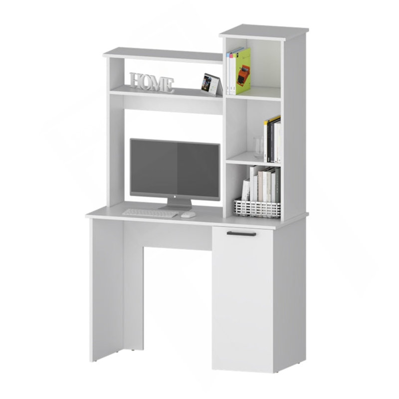 Bureau d'ordinateur avec huche et tablettes de rangement à 3 niveaux Rumford, Blanc