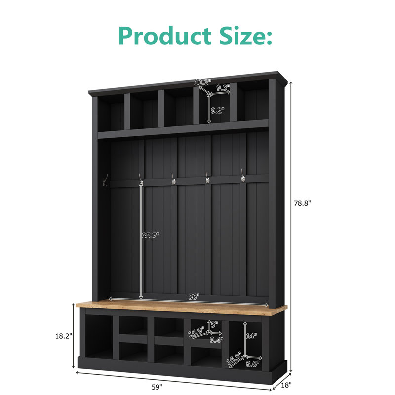 Calisto Hall Tree with Bench Entryway Shoe Cabinet with Hooks and Shoe Storage, Black