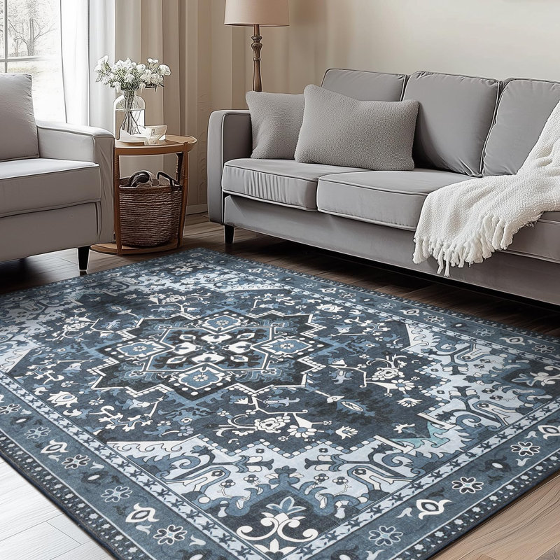 5'X7' Washable Area Rug with Non-Slip Rubber Backing Blue, Rectangle 5' x 7', Navy Blue