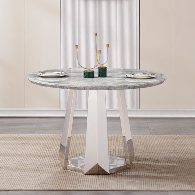 47 Inch Round Faux Marble Dining Table with High Gloss Top and Stainless Steel Base, Perfect for Modern Kitchens and Dining Rooms