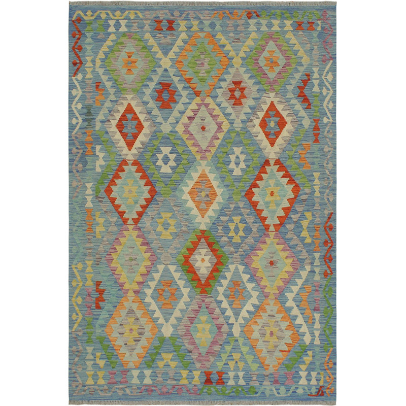 Tapis bleu rouille en laine fait à la main à motif géométrique rectangulaire de 5 pi 2 po x 6 pi 8 po Kelty