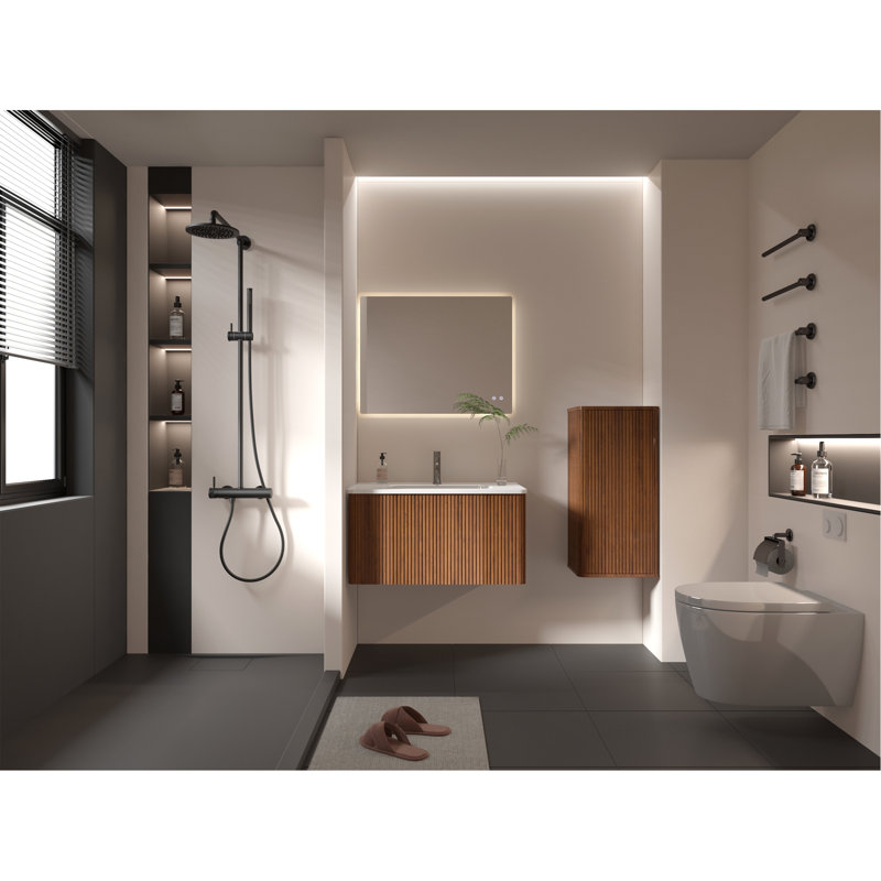Élégante armoire latérale flottante en noyer rayé pour petits espaces, solution de rangement murale.
