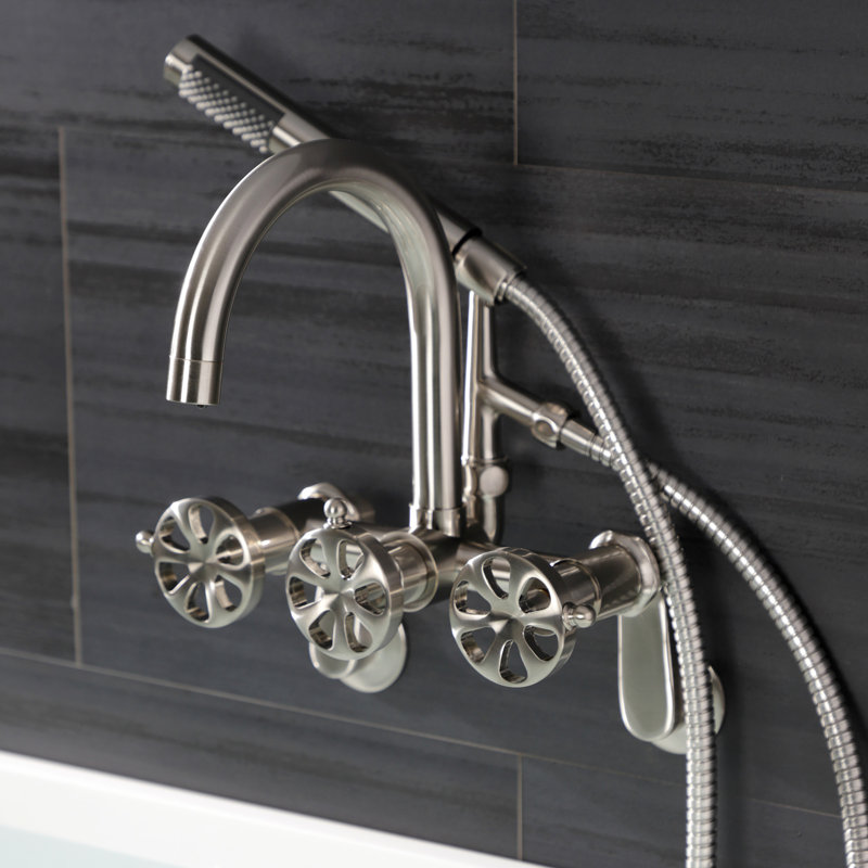 Kingston Brass Belknap Three-Handle 2-Hole Tub Wall Mount Clawfoot Tub Faucet with Hand Shower, Gold