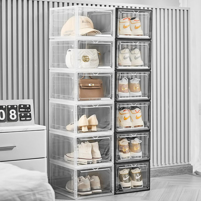 12-Pack Clear Stackable Shoe Storage Boxes With Magnetic Door, Thickened Plastic Shoe Organizer, Drop Front Design