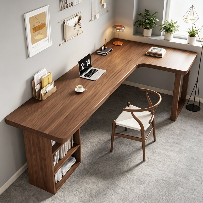 L - shaped Corner Pine Solid Wood Brown Desk, 29.5" H x 70.87" W x 39.4" D