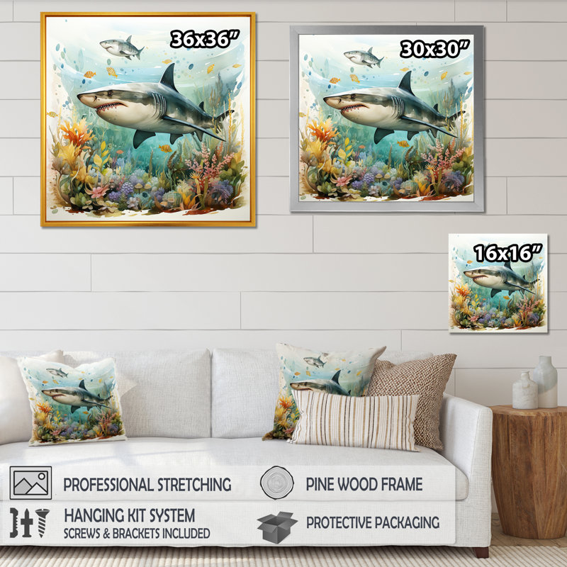 «Curious Shark Ocean Blooms III» - art mural requin, Cadre simple argenté, H 36 po x l 36 po x P 1,5 po