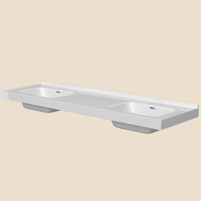 Double Sinks 73'' W X 22'' D Solid Surface White Vanity Top Resin Stone Rectangular Bathroom Sink Countertop with 1.38 in. H Backsplash & Three Pre-drilled Faucet Holes