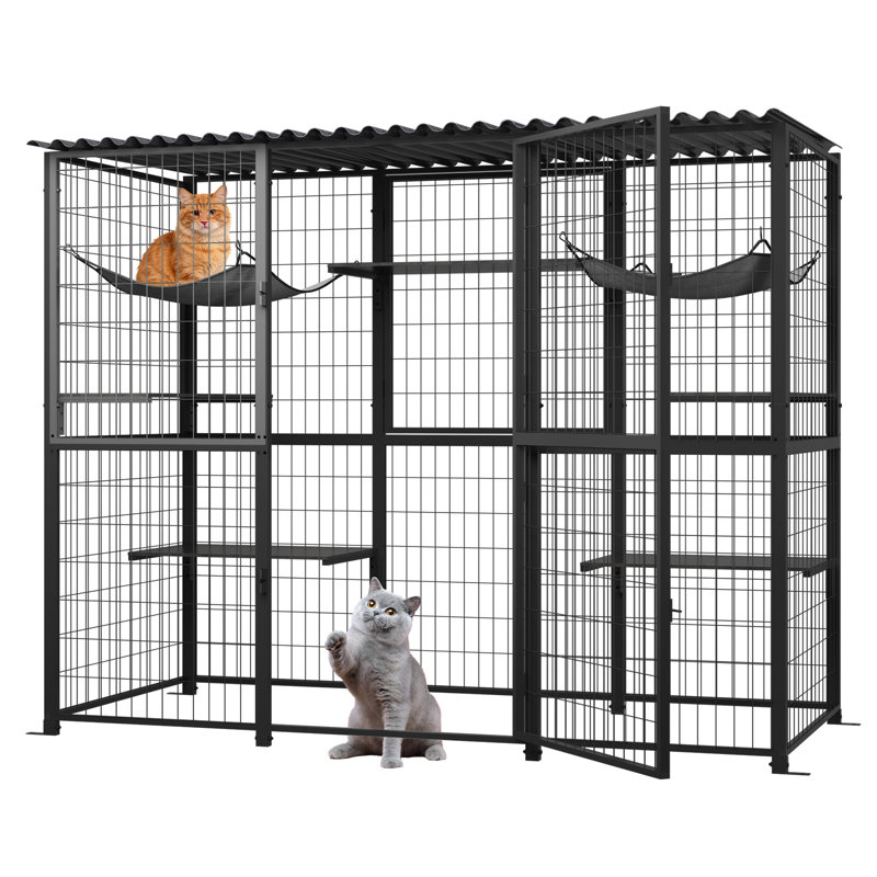 Grand enclos extérieur pour chat en métal avec plateformes et hamacs, noir, 70.1"W x 21.65"D x 61"H, Noir