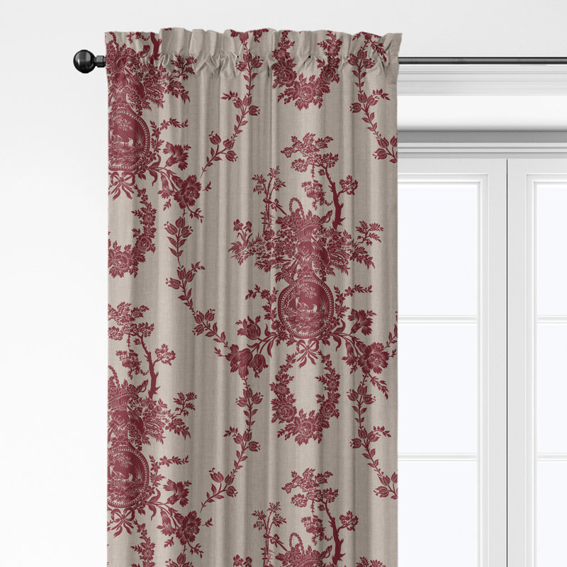 Country Lane Toile Crimson Cotton Rod Pocket Drapery Panel Set of 2, 50" W  x 120" L
