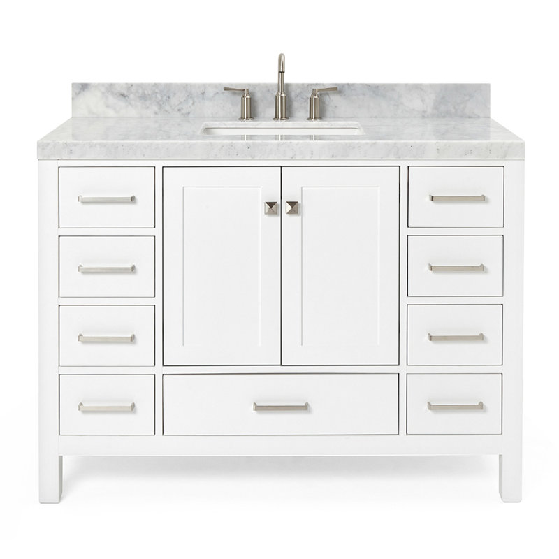Cambridge Single Bathroom Vanity with Carrara Marble Top, Brushed Nickel, White