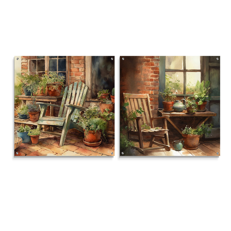 Chaise avec accoudoirs entourée de plantes I - ensemble de 2 peintures murales en acrylique Landscape Cottage