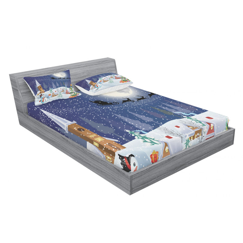 White and Blue Christmas Print Microfiber Queen Bedding Set