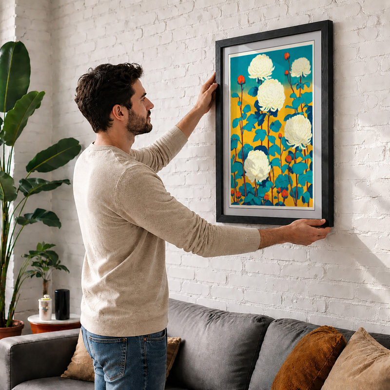 Chrysanthemums in Teal Botanical 1 Piece Single Picture Frame Wall Art, A3 - 42.0 x 29.7 cm, Black