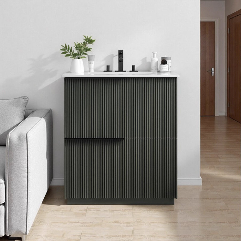 Meuble-lavabo de 30 pouces avec lavabo en céramique, tiroirs à fermeture en douceur pleine extension, conception cannelée