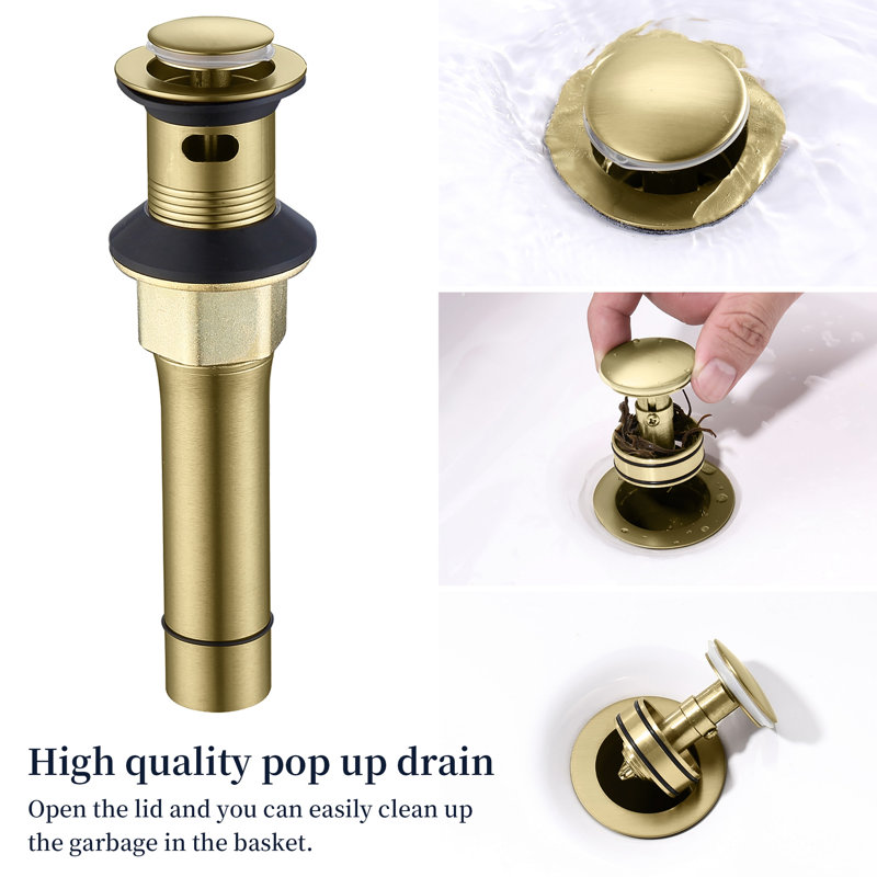 Robinet de salle de bain en or brossé de 10 cm (4 po) - 2 poignées, bec pivotant à 360°, bonde escamotable et flexibles inclus, finition anti-rayures, débit d'eau réduit, régulation du débit.
