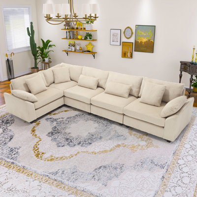 Wartow 5 Piece Corduroy Modular Sectional, RAF, LAF, Symmetrical