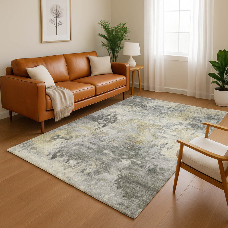 Tapis abstrait lavable à la machine de qualité supérieure Mayfield AMF2073, 8 pi x 10 pi, Étain