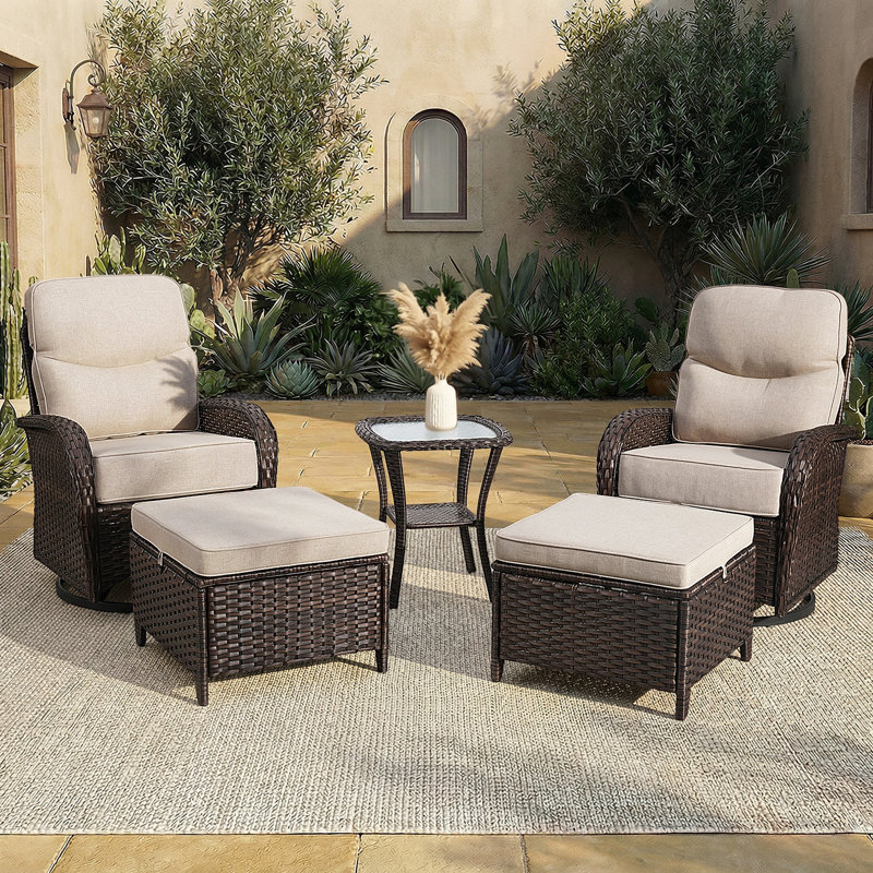 Ensemble de meubles de patio avec coussins de luxe de 6 po, 5 chaises pivotantes à haut dossier pivotant et repose-pieds, ensemble de conversation en osier pour terrasse, porche, cour, bord de piscine, beige