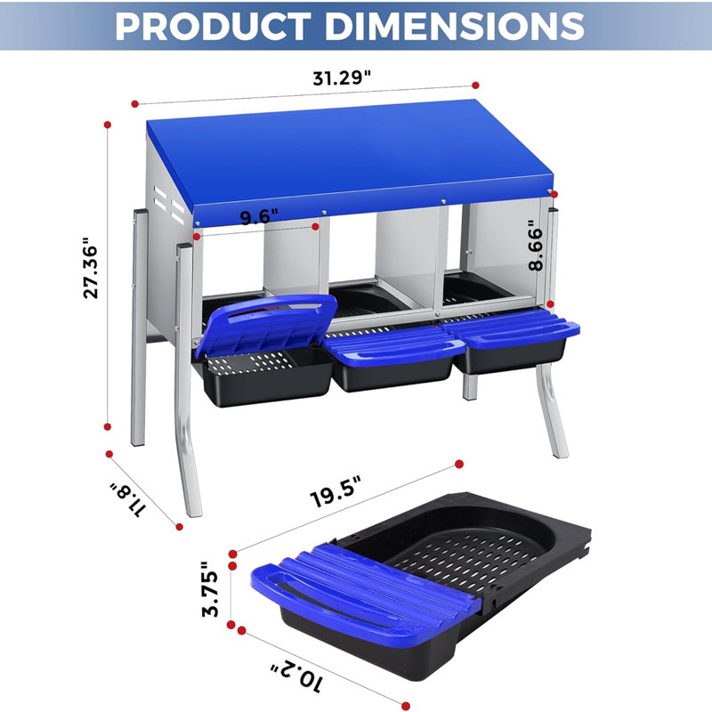 Boîte de nidification à 3 trous pour poulailler avec perchoir et pieds (bleu), Blue/Silver/Black